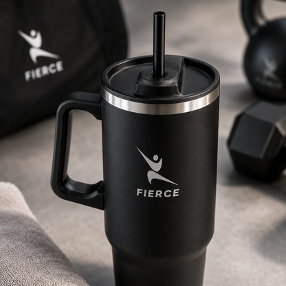 FierceFlow 40oz Insulated Stainless Steel Tumbler with Handle & Straw | Leak-Resistant Travel Water Cup | Black