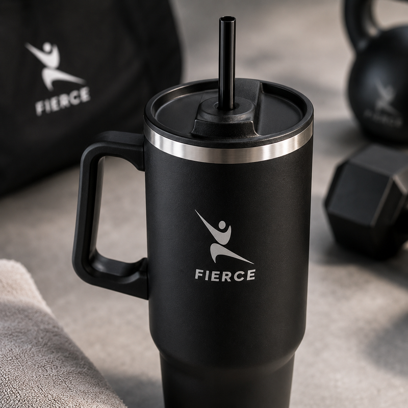 FierceFlow 40oz Insulated Stainless Steel Tumbler with Handle & Straw | Leak-Resistant Travel Water Cup | Black