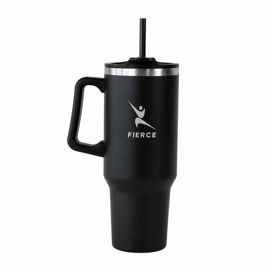 FierceFlow 40oz Insulated Stainless Steel Tumbler with Handle & Straw | Leak-Resistant Travel Water Cup | Black