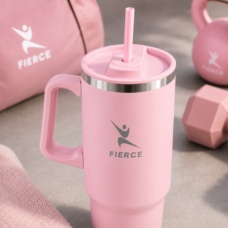 FierceFlow 40oz Insulated Stainless Steel Tumbler with Handle & Straw | Leak-Resistant Travel Water Cup | Pink