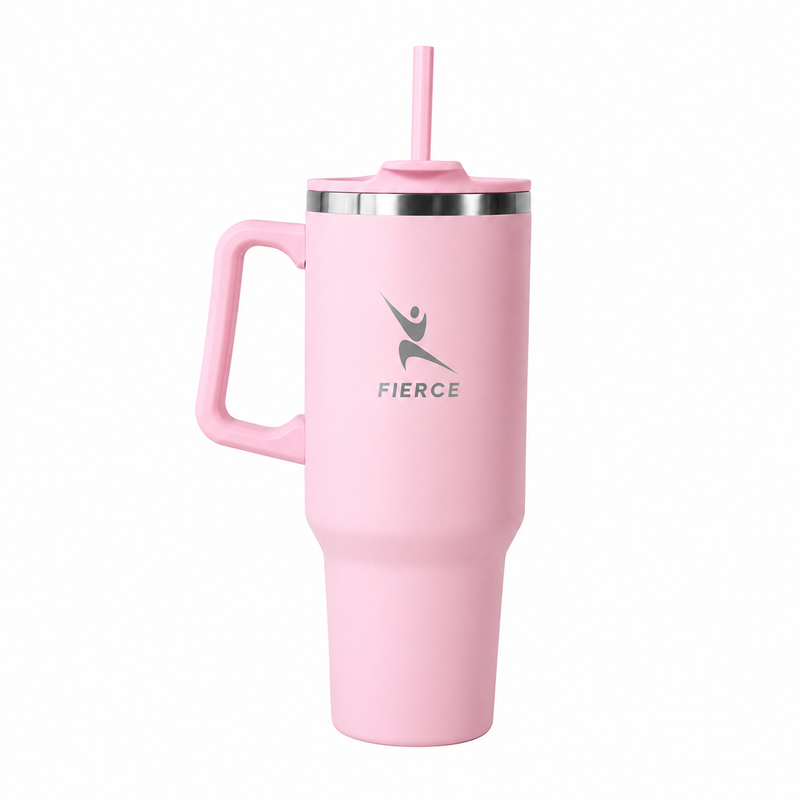 FierceFlow 40oz Insulated Stainless Steel Tumbler with Handle & Straw | Leak-Resistant Travel Water Cup | Pink